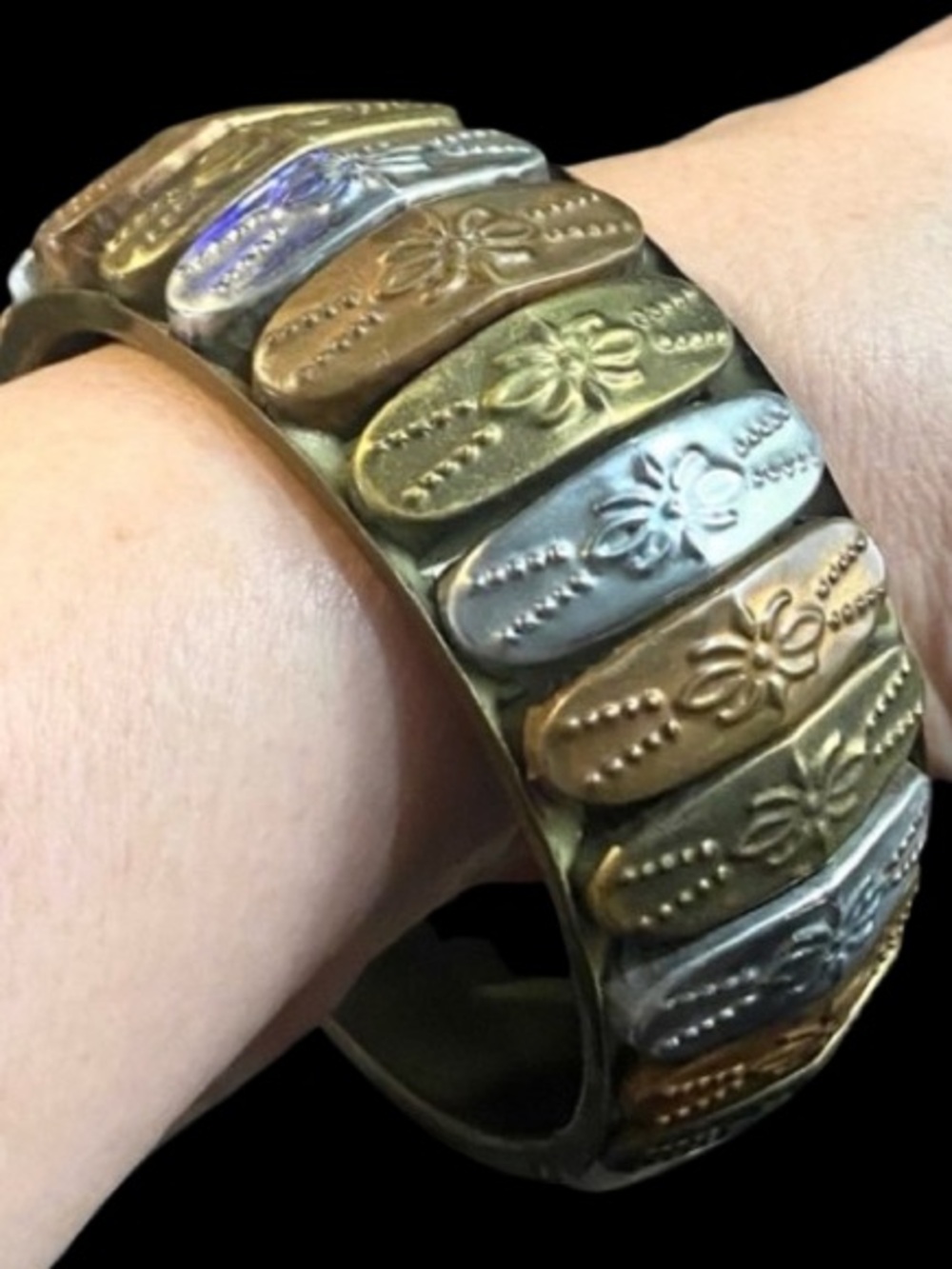 Vintage Tricolor Silver Brass Copper Protective Cuff Berber Bangle Bracelet